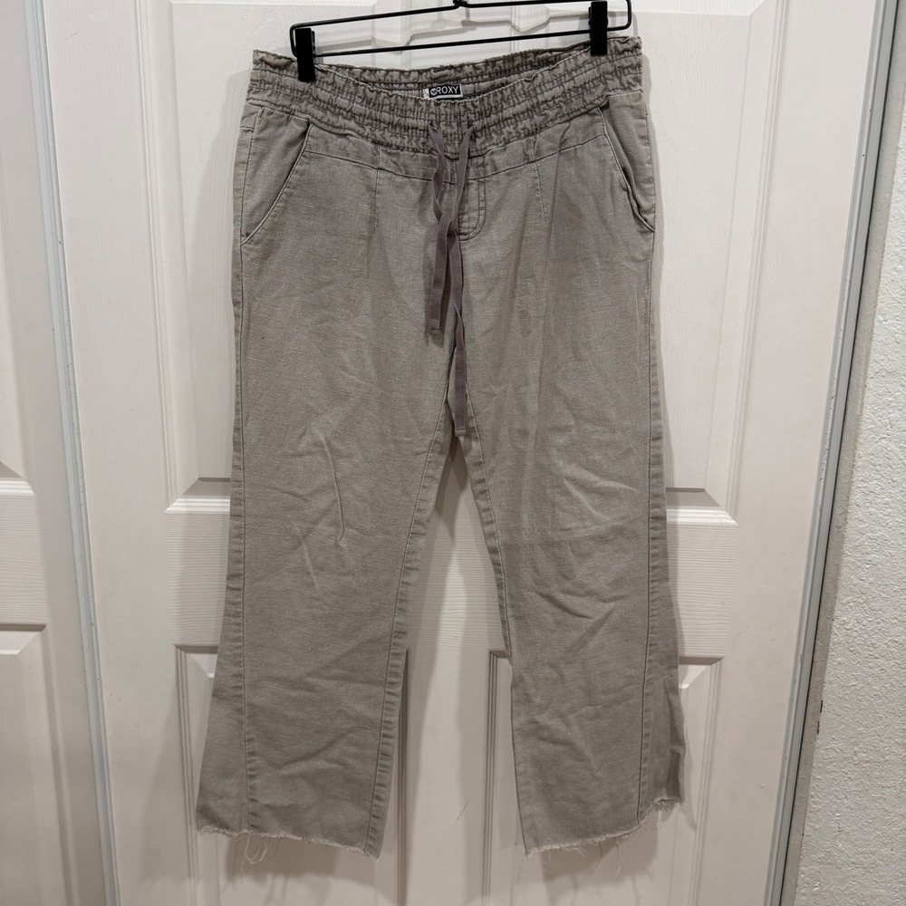 Roxy Womens Grey Linen Blend Smocked Waist Frayed Hem Pants G473080 Size M